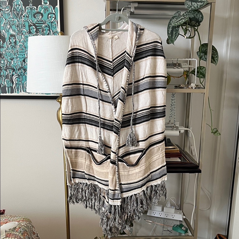 Striped Hooded Poncho with Fringe